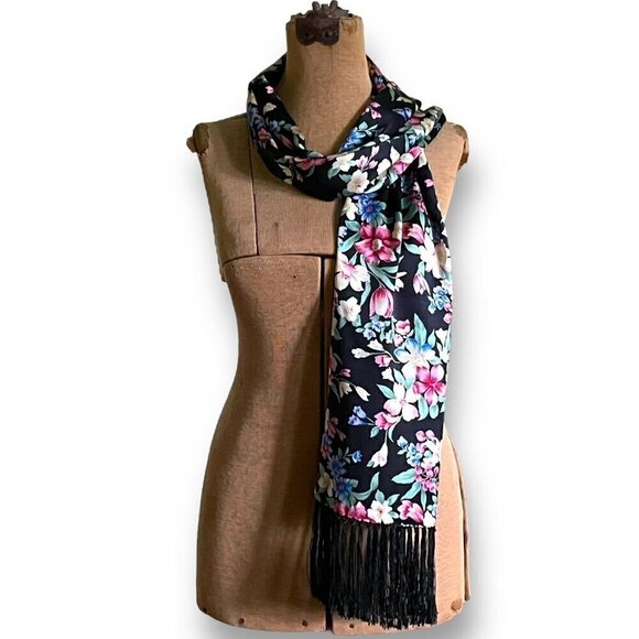 Shanghai Museum Womens Silk Scarf Black Floral Rectangular Tassed Fringe Trim - Picture 4 of 11